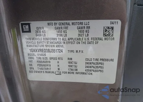 2011 GMC Acadia Slt-1 z USA, uszkodzony, nr VIN 1GKKVRED3BJ351724